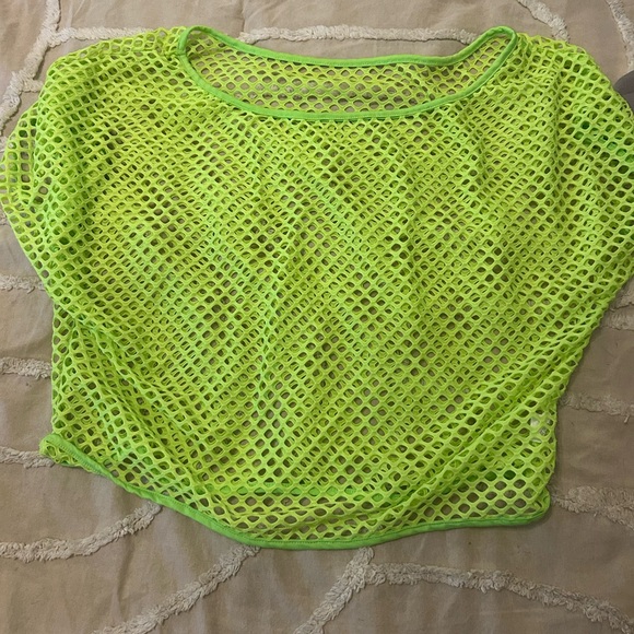 Only Worn Once. Neon Green Fishnet Off Shoulder Top - Picture 4 of 5